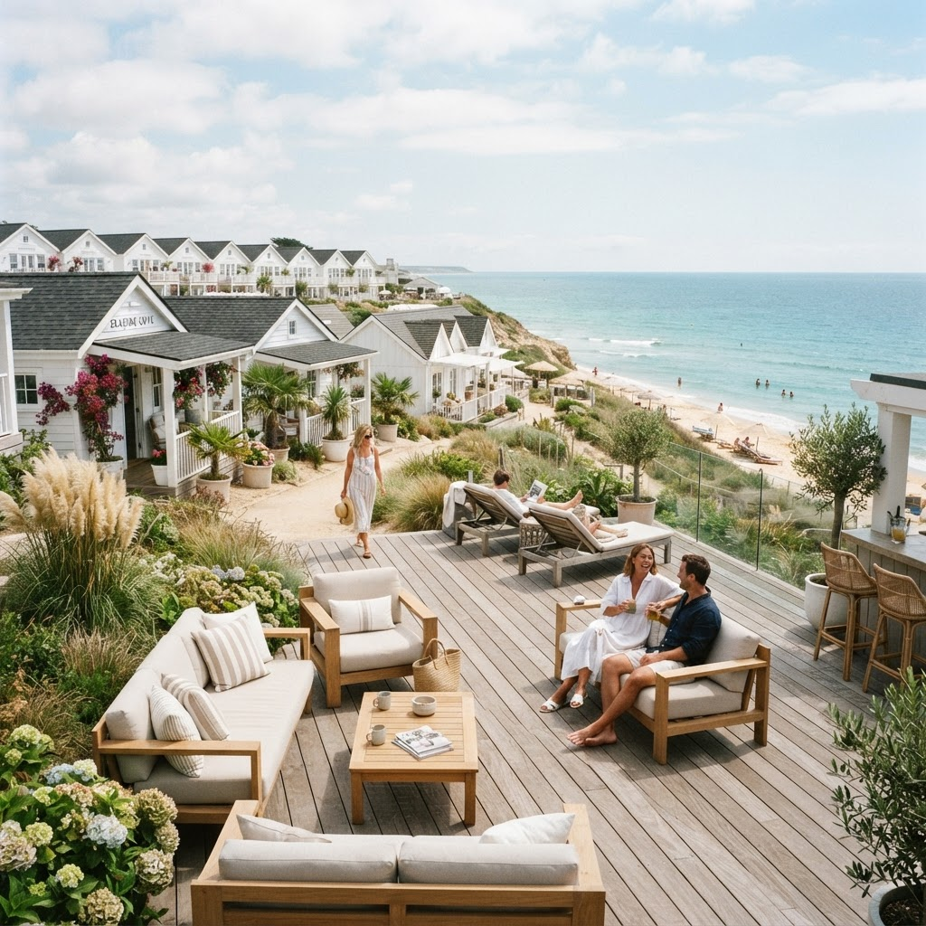 Coastal resort community with modern outdoor lounge furniture facing the ocean