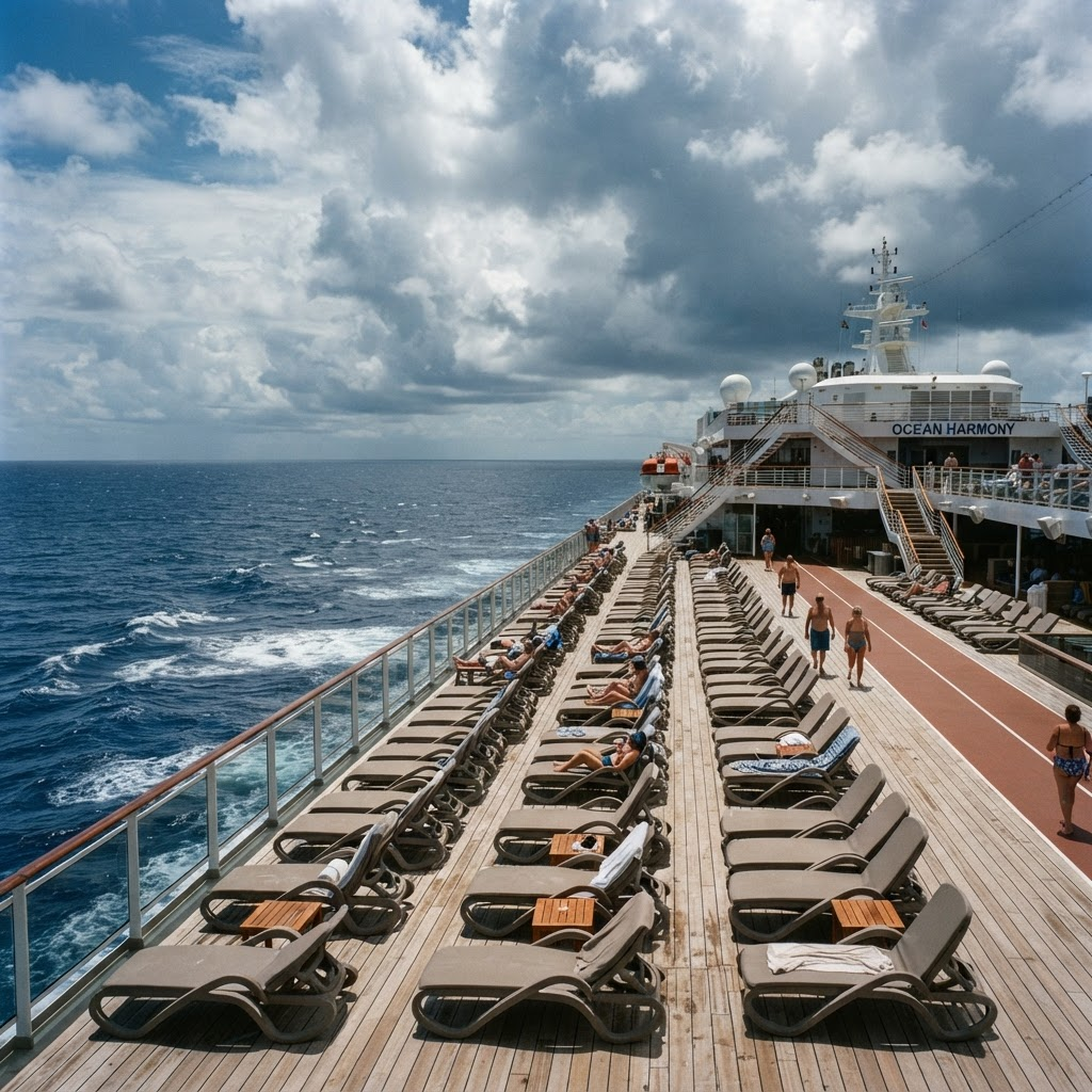 Rows of modern outdoor lounge chairs on a cruise ship deck facing the ocean